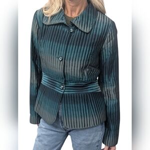 Yansi Fugel Pleated Textured Jacket Teal Sculptural Button Front Size 2